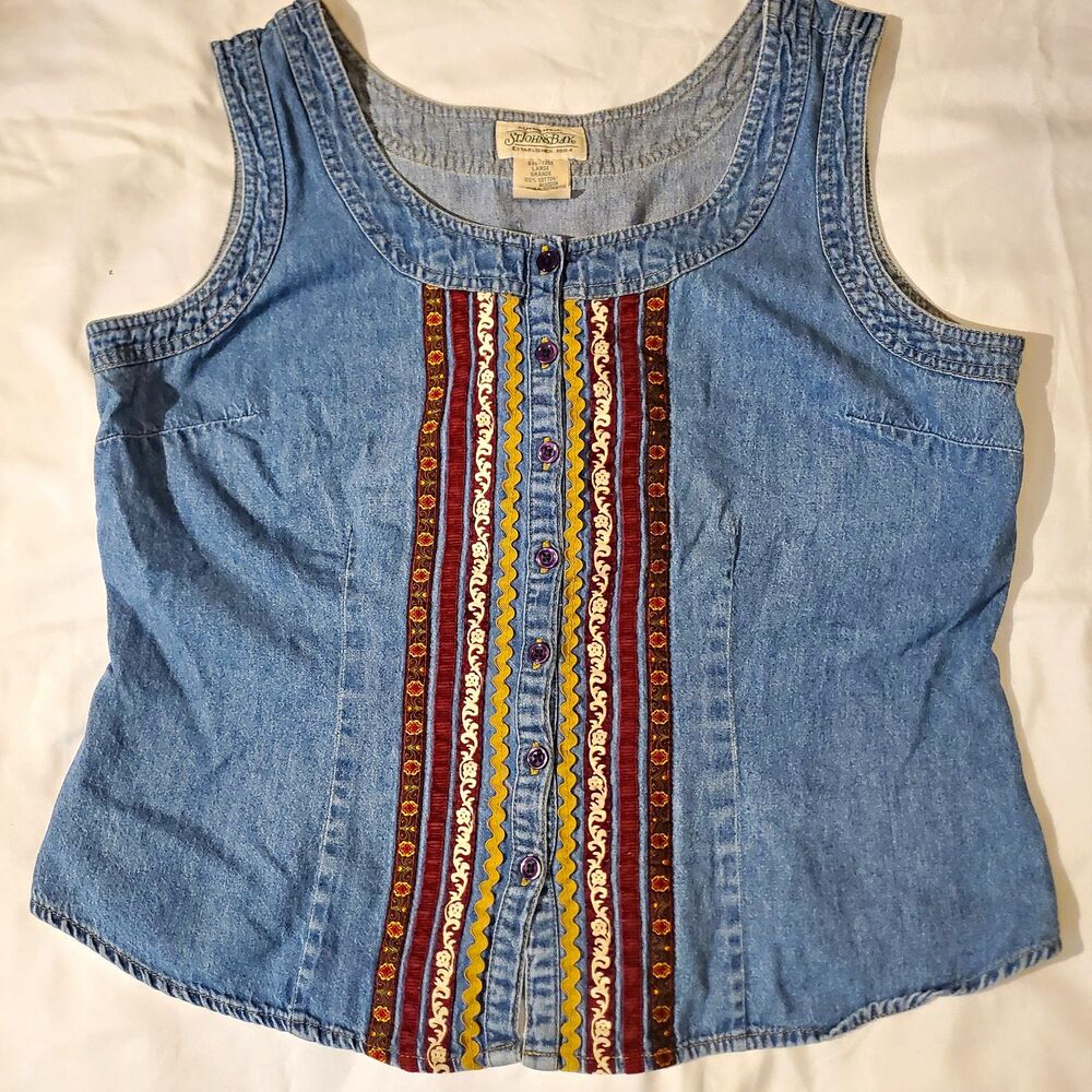 Vintage St. John's Bay Blue Denim Sleeveless Button Tank Top Size Large 90s Y2K